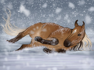 обоя рисованное, животные,  лошади, лошадь, зима, снег