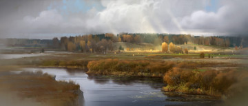 Картинка рисованное живопись пейзаж арт лес речка россия река русь поле