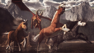 Картинка 3д+графика животные+ animals горы лошади дракон