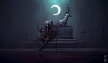 Картинка фэнтези девушки девушка алтарь меч луна жертвоприношение олень арт