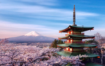 обоя города, - буддийские и другие храмы, небо, цветение, пагода, весна, фудзияма, сад, гора
