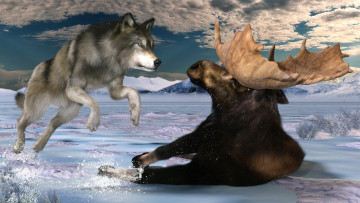 Картинка 3д+графика животные+ animals лось волк