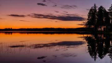 Картинка природа реки озера небо дом деревья закат озеро