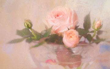 Картинка рисованное цветы фон букет живопись светлый розы вазочка мазки розовые растворение стекло арт обработка пастельные тона размыто композиция рисунок бутоны нежно