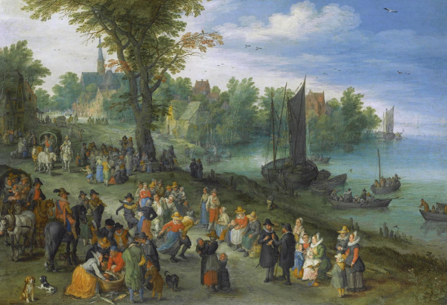 Обои картинки фото рисованное, живопись, картина, рыбный, рынок, на, берегу, реки, торговля, люди, Ян, брейгель, старший, пейзаж