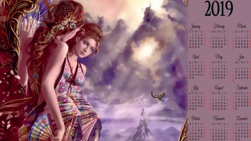 Картинка календари фэнтези отражение девушка calendar женщина птица небо