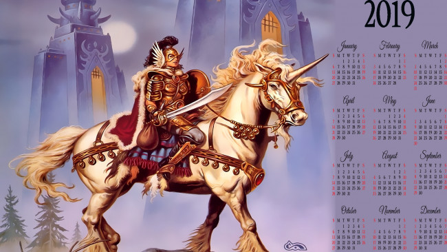 Обои картинки фото календари, фэнтези, calendar, лошадь, всадник, оружие, доспехи, конь, человек