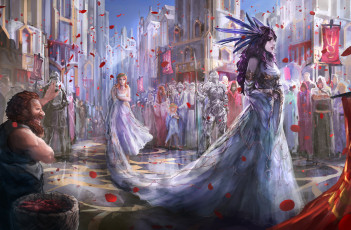 Картинка фэнтези люди девушка фон город платье