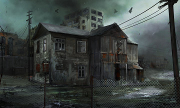 Картинка рисованное города город дома развалины забор птицы