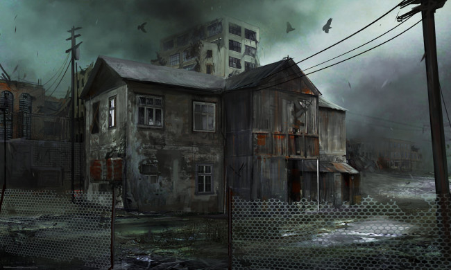 Обои картинки фото рисованное, города, город, дома, развалины, забор, птицы