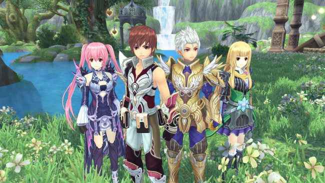 Обои картинки фото видео игры, aura kingdom, персонажи, водопад, река, луг