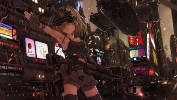 Картинка аниме weapon blood technology город оружие девушка