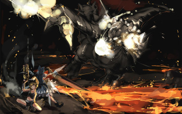 Картинка аниме touhou девушки оружие чудовище битва