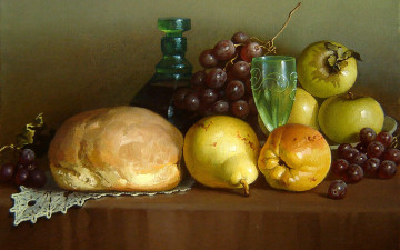 обоя рисованные, еда, виноград, яблоко, груша, хлеб