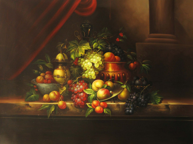 Обои картинки фото рисованные, еда, ваза, виноград, персики
