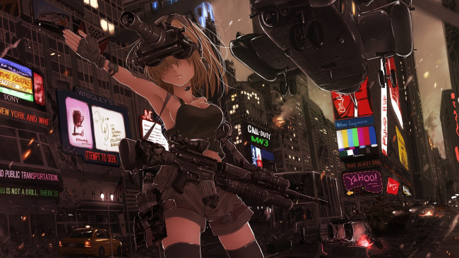 Обои картинки фото аниме, weapon, blood, technology, город, оружие, девушка