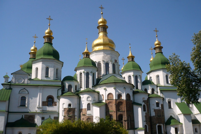 Обои картинки фото софиевский, собор, киев, города, украина, старинный, кресты, купола