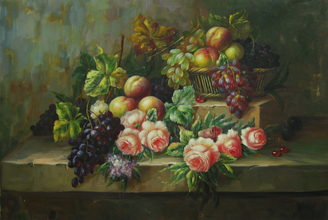 Обои картинки фото рисованные, еда, яблоки, виноград, розы, сирень