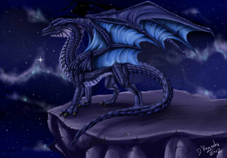 Картинка рисованные животные сказочные мифические небо звезды дракон скала