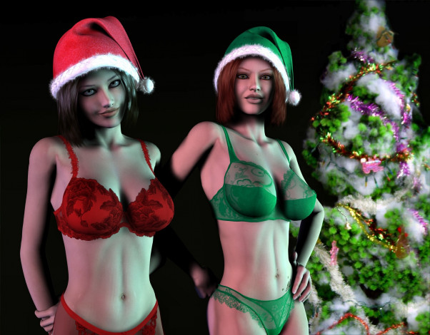 Обои картинки фото 3д, графика, holidays, праздники, елка, украшения, девушки