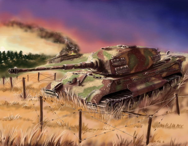 Обои картинки фото рисованные, армия, танк, бой, поле, колючая, проволока