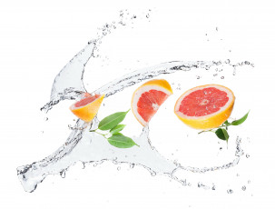 Картинка еда цитрусы брызги вода грейпфрут белый фон