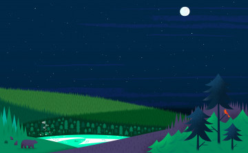 Картинка векторная+графика природа дома медведи озеро лес луна звезды елки