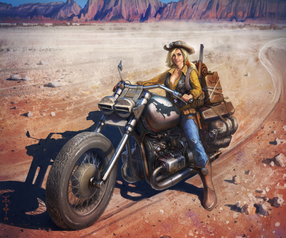 Обои картинки фото рисованные, авто, мото, сапоги, мотоцикл, шляпа, взгляд, девушка
