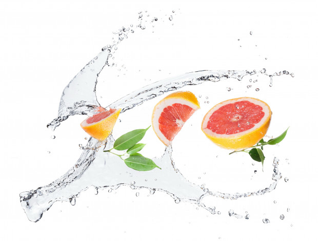 Обои картинки фото еда, цитрусы, брызги, вода, грейпфрут, белый, фон
