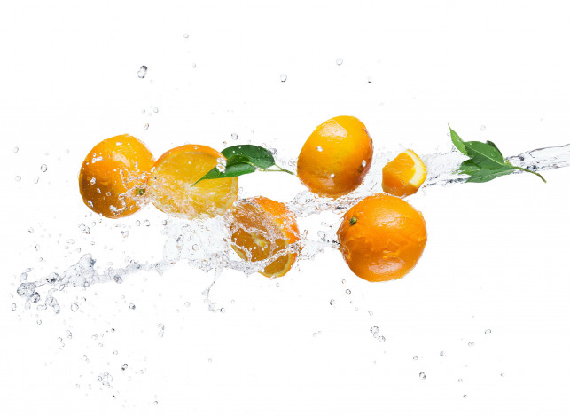 Обои картинки фото еда, цитрусы, вода, брызги, листики, белый, фон, апельсин