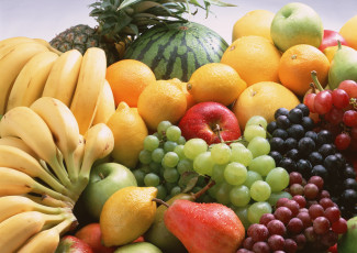 Картинка еда фрукты +ягоды бананы груши виноград