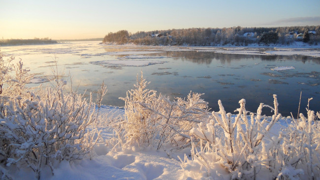 Обои картинки фото природа, реки, озера, деревья, лед, снег, зима, река, небо
