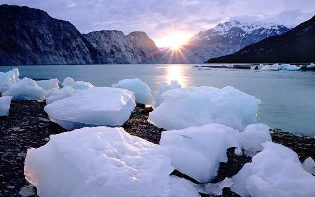 Обои картинки фото природа, айсберги и ледники, лед, горы, солнце