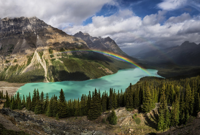 Обои картинки фото природа, радуга, канада, озеро, лес, деревья, горы