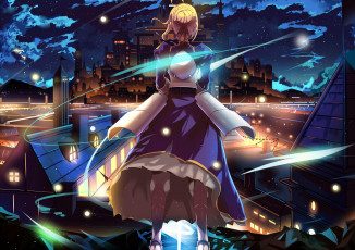 Картинка аниме fate stay+night небо облака луна звезды ночь дома город девушка saber
