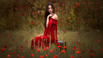 Картинка девушки -unsort+ брюнетки +шатенки красное платье чемодан маки поле девушка брюнетка цветы