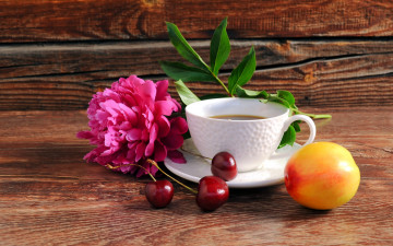 Картинка еда натюрморт пион чай нектарин вишни