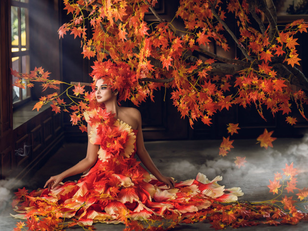 Обои картинки фото девушки, -unsort , креатив, дерево, осень, листья, стиль, девушка