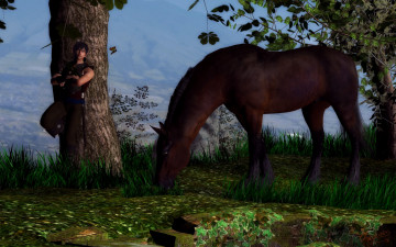 Картинка 3д+графика люди+и+животные+ people+and+animals мужчина фон взгляд лошадь