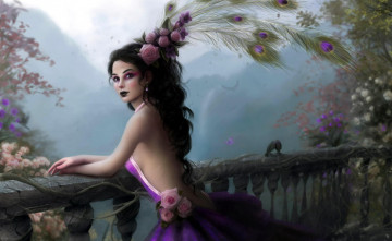 Картинка фэнтези девушки девушка цветы перья балкон сад