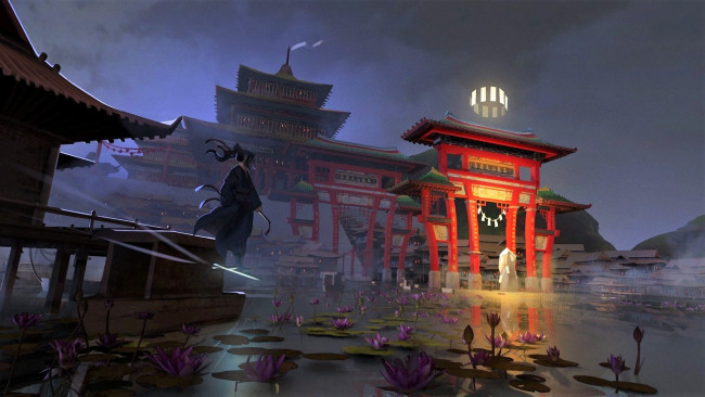 Обои картинки фото аниме, mo dao zu shi, вэй, усянь, юньмэн, озеро, здания, меч