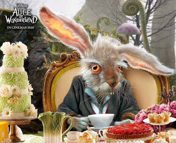 Обои картинки фото кино фильмы, alice in wonderland, мартовский, заяц, стол, угощение, чашка