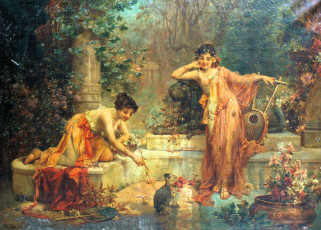 обоя рисованное, hans zatzka, женщины, птица, инструмент, ступени, сад