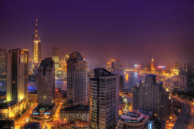 Обои картинки фото шанхай, китай, города, вода, ночь, небоскребы, здания