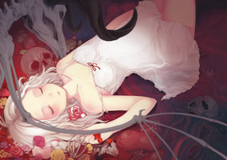 Картинка аниме angels demons сон розы скелет черепа рога девушка
