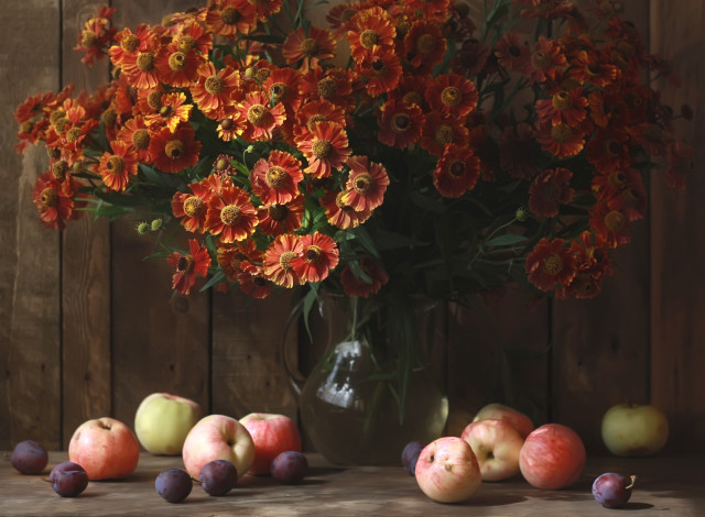Обои картинки фото еда, фрукты,  ягоды, сливы, яблоки, гелениум
