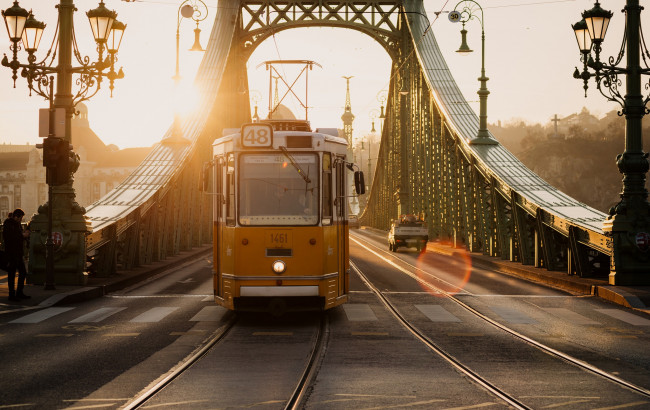Обои картинки фото техника, трамваи, мост, будапешт, hungary, венгрия, трамвай, liberty, bridge, свободы, budapest, фонари