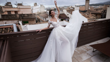 Картинка девушки -unsort+ невесты брюнетка невеста обои белое платье крыши