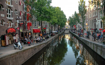 обоя города, амстердам , нидерланды, канал, набережная