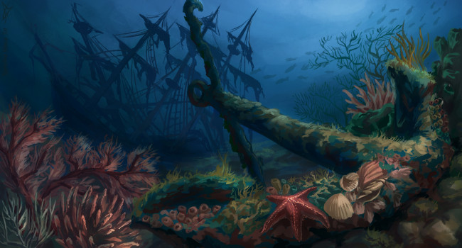Обои картинки фото рисованное, - другое, море, корабль, дно, якорь, ракушки, водоросли